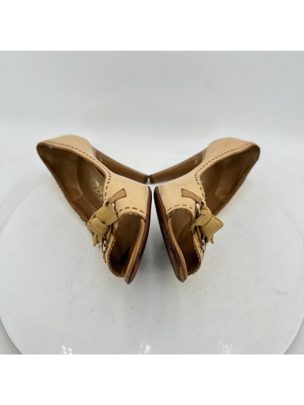 Salvatore Ferragamo Women Size 7.5C Brown Leather Bow Peep Toe Pump Heel Shoes - Picture 7 of 11